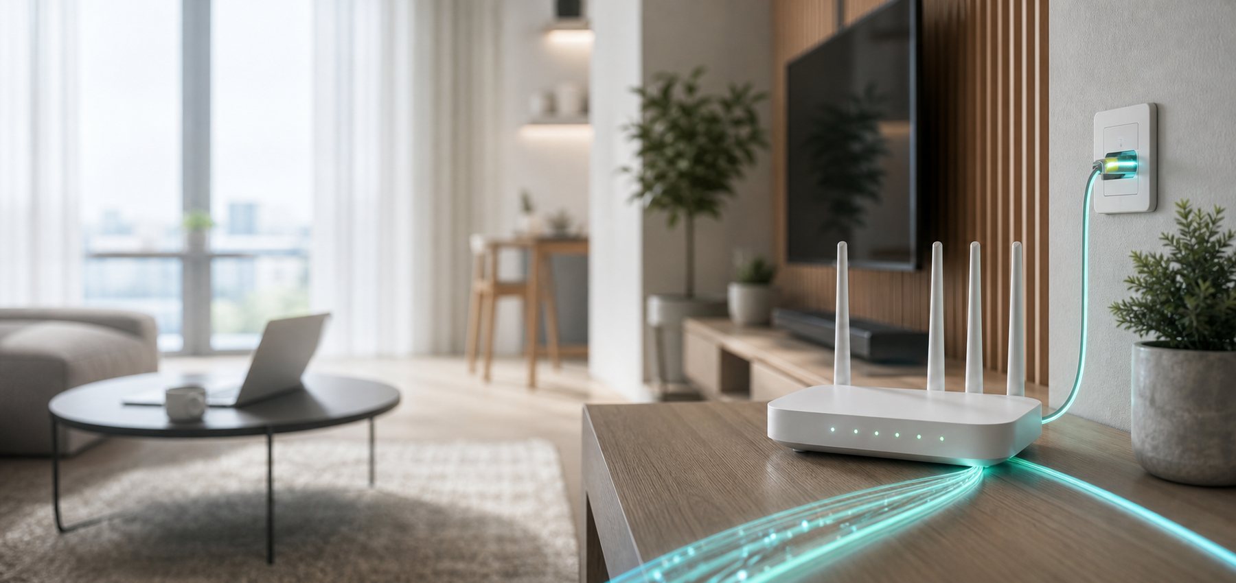 Router światłowodowy w domowym salonie